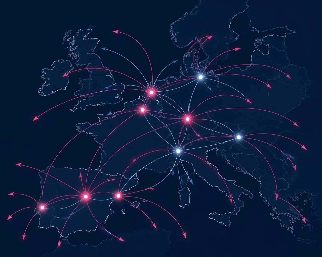Kaart van Europa met outbound en inbound vliegroutes tussen de aangesloten luchthavens