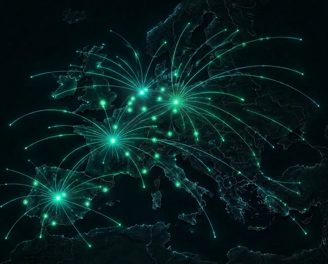 Kaart van Europa met outbound en inbound vliegroutes tussen de aangesloten luchthavens